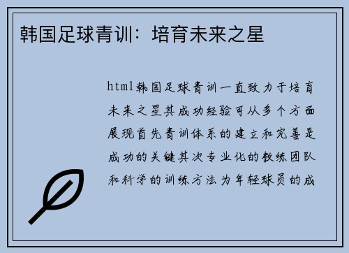 韩国足球青训：培育未来之星